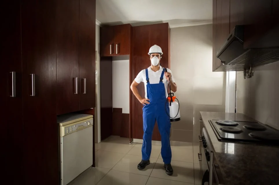 Exterminator with blue overalls inside of a home