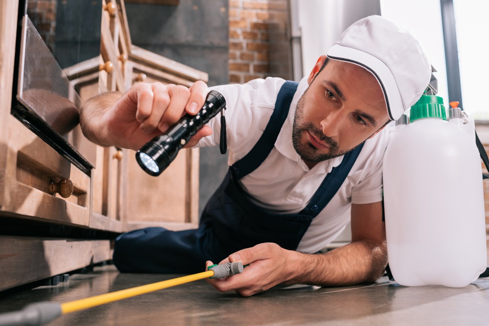 years in business, pest control worker lying on floor and spraying pesticides in kitchen