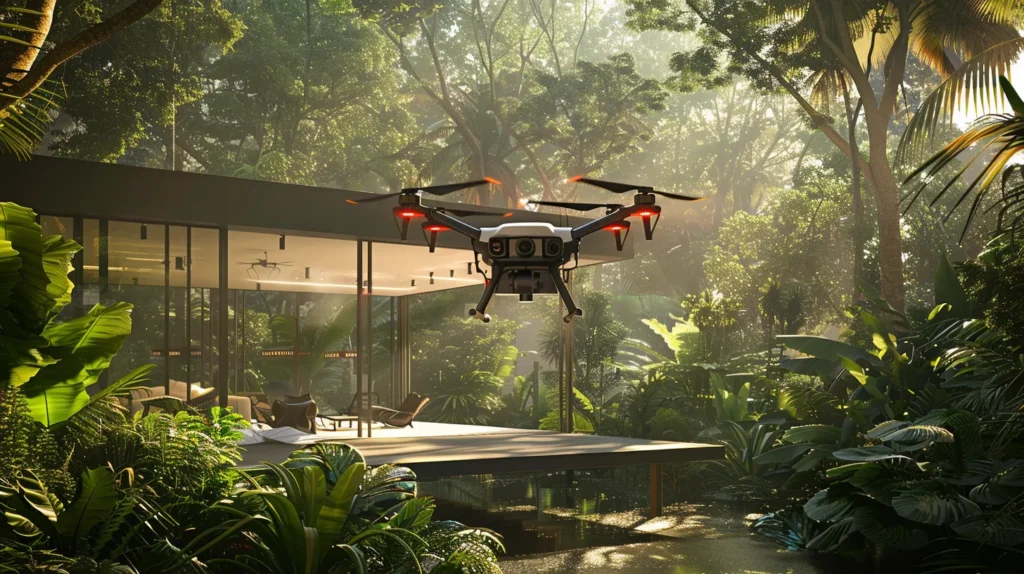 a high-tech mosquito control scene features sleek drone technology and innovative traps in a vibrant outdoor setting, showcasing the fusion of nature and advanced pest management methods against a backdrop of lush greenery.