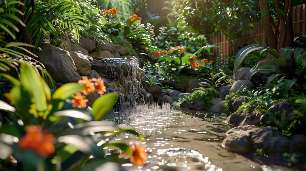 a serene backyard scene bathed in warm sunlight, showcasing lush greenery and vibrant flowers, with strategically placed natural repellents and a water feature being carefully monitored to emphasize effective mosquito prevention.