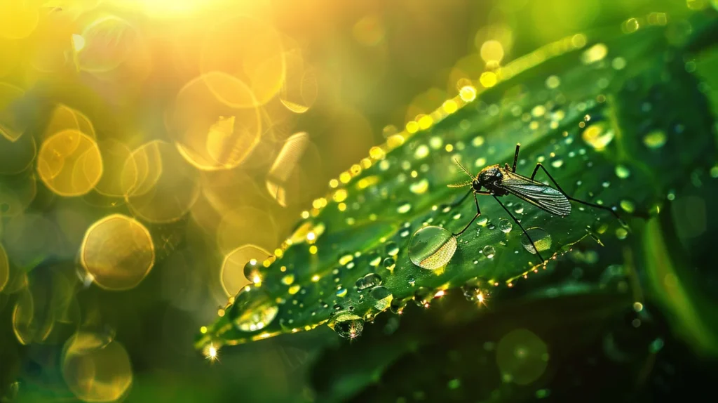 a vibrant close-up of a mosquito perched delicately on a leaf, surrounded by dewdrops that glisten in soft morning light, symbolizing the intricate life cycle and environmental impact of these creatures in their natural habitat.