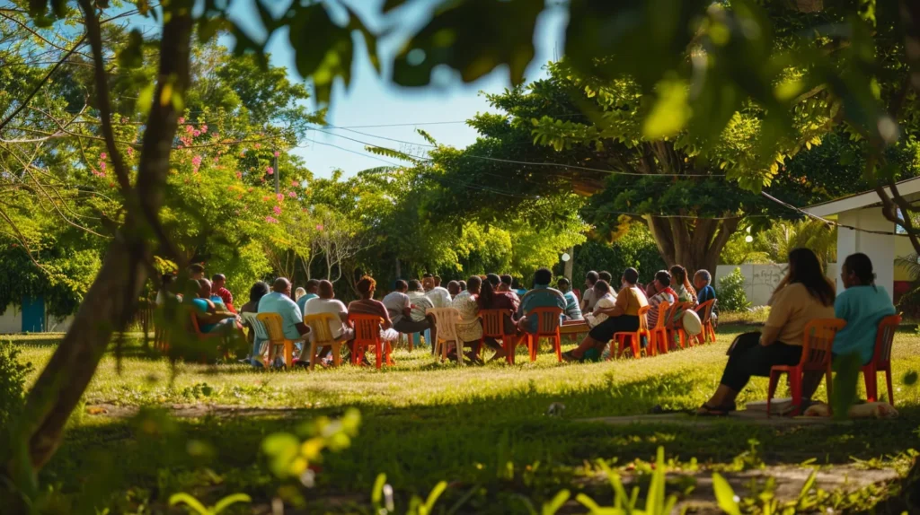 a vibrant community meeting under a bright blue sky, where residents engage in lively discussions about seasonal mosquito management plans amidst lush greenery and blooming flowers, capturing the essence of collaboration and environmental awareness.