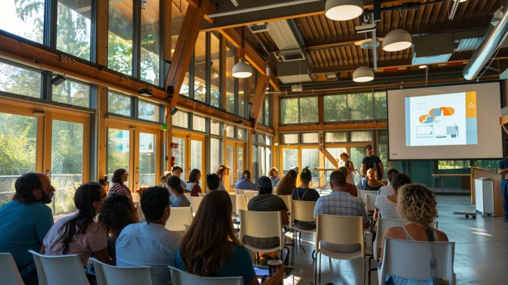 a vibrant community workshop setting filled with engaged participants of all ages, actively learning and discussing innovative mosquito control techniques and preventive practices under bright natural lighting.